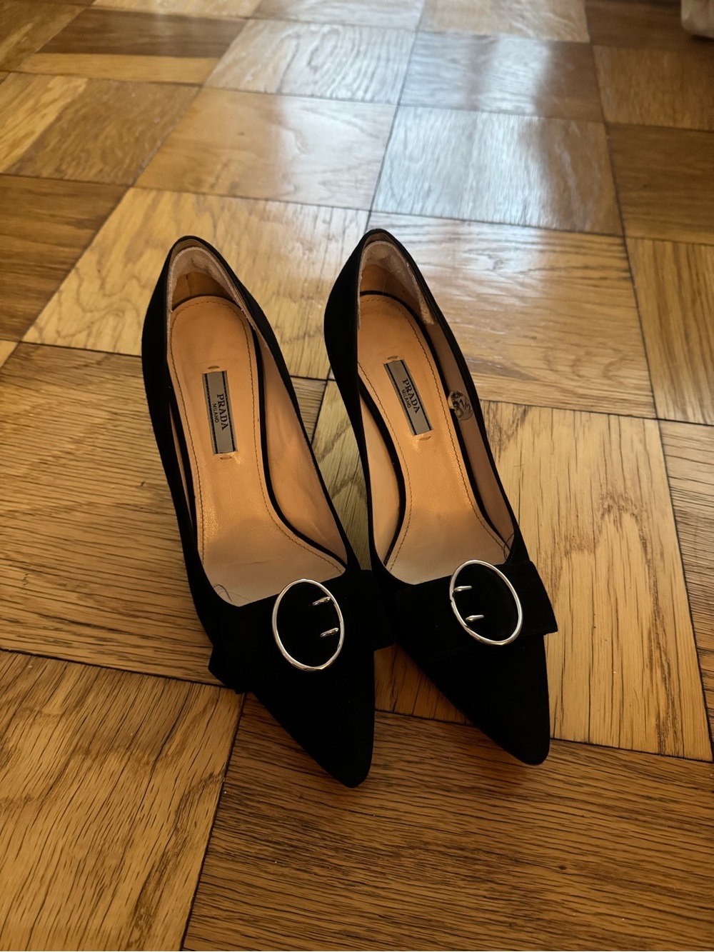 Prada Black Suede Pointed Toe Pumps with Silver Round Buckle